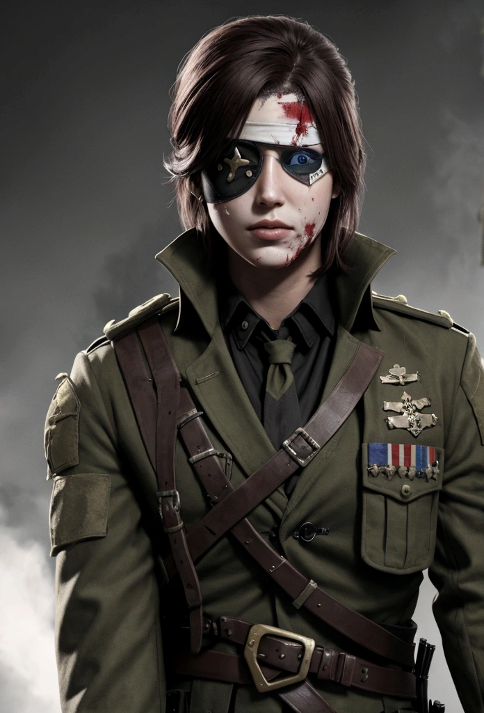 Wounded soldier, eye patch, on the battlefield