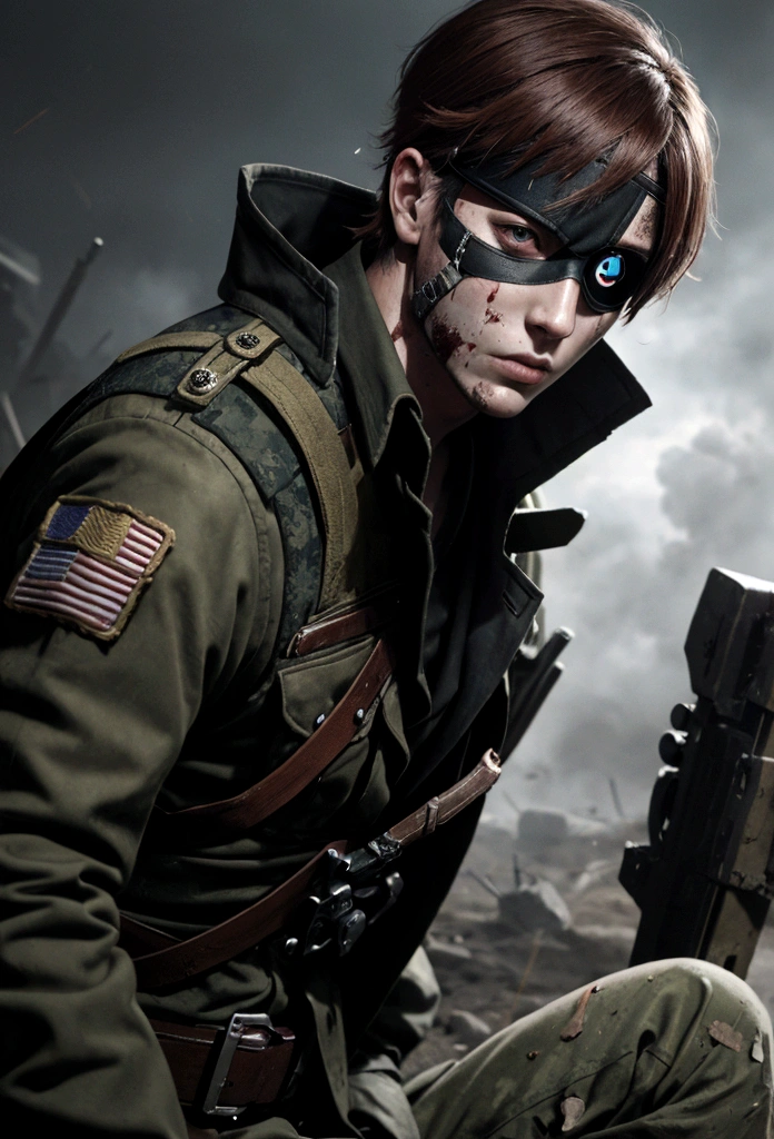 Wounded soldier, eye patch, on the battlefield