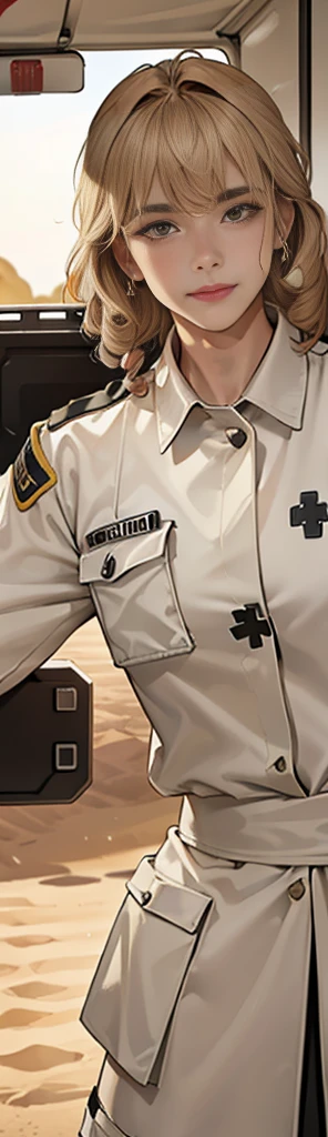 (masuter piece, best quality, very detailed), (fine face), 1 women, nurse、standing、from the waist up、golden hair、curly hair、bangs、lots of bangs、brown Eyes、Slight smile、nurse uniform , (in desert:1.5) , (ambulance:1.5)