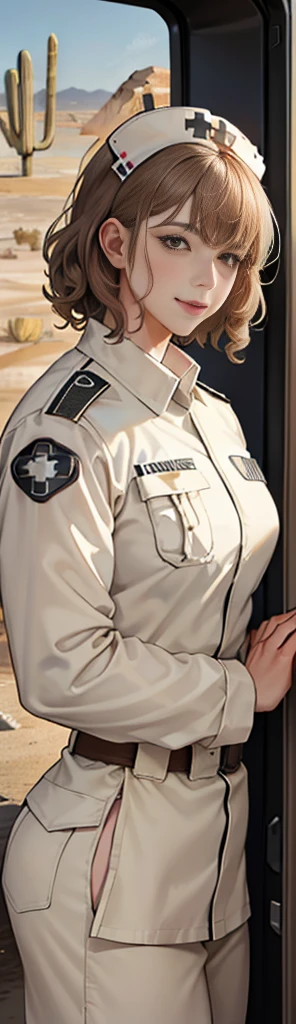 (masuter piece, best quality, very detailed), (fine face), 1 women, nurse、standing、from the waist up、golden hair、curly hair、bangs、lots of bangs、brown Eyes、Slight smile、nurse uniform , (in desert:1.5) , (ambulance:1.5) 