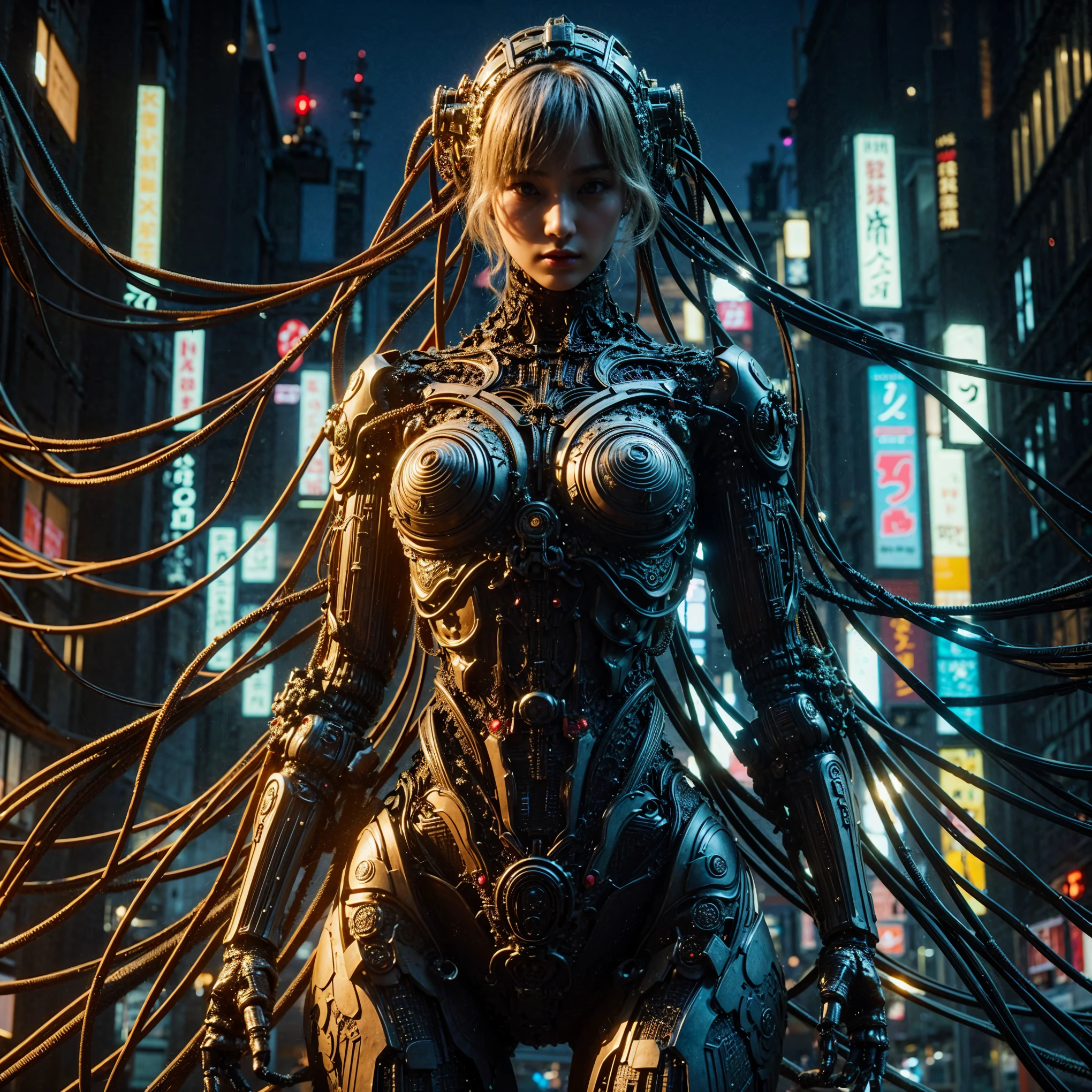 Dystopian night scene, hydraulic cylinders, very intricate details, Japanese woman in skeleton-like armor, beautiful face, legs, poses in motion, super realism, realistic photography, taken with Fuji film X-T30+Nokton. HDR10