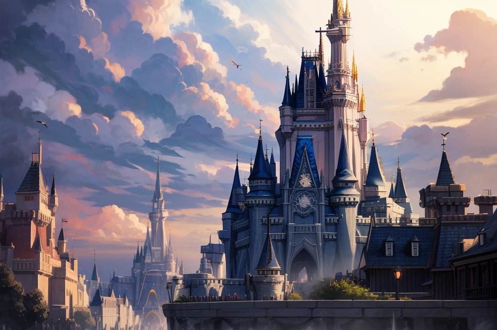 Magic Kingdom、Floating buildings、Magical creatures flying in the sky、