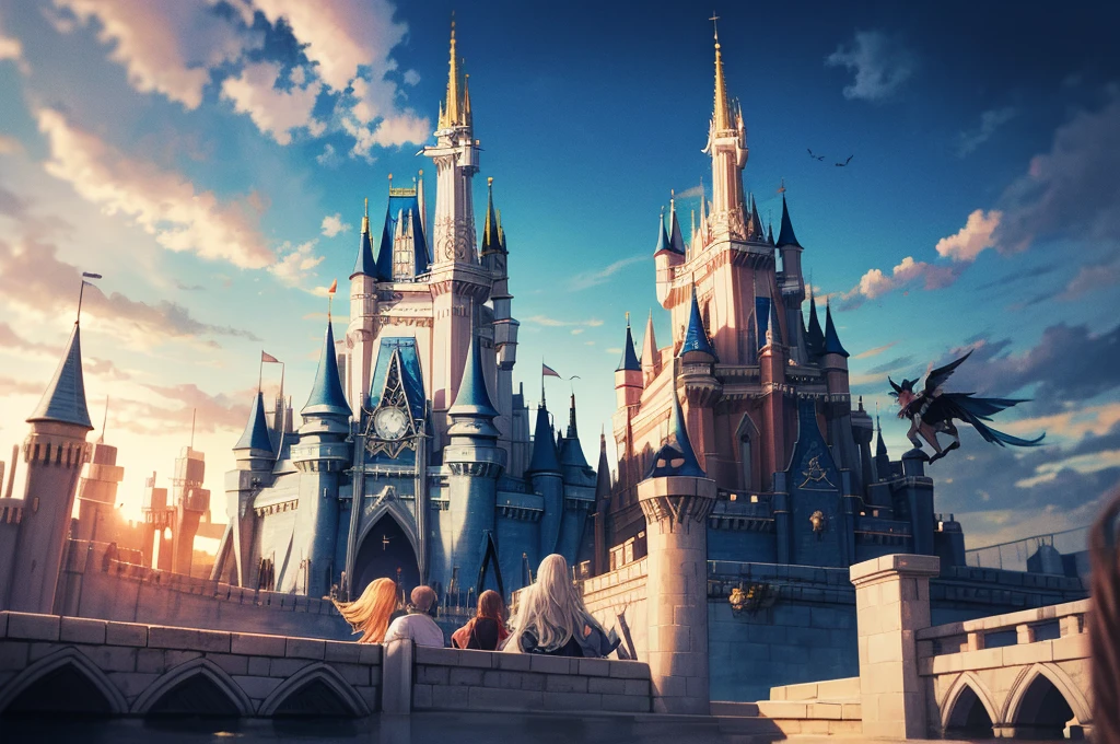 Magic Kingdom、Floating buildings、Magical creatures flying in the sky、