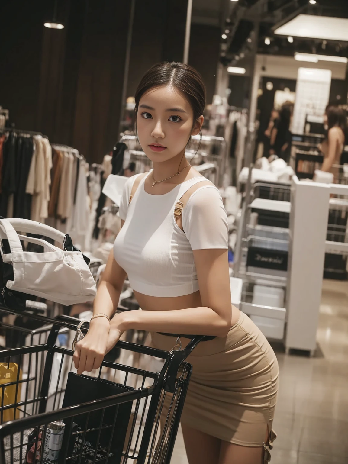 Fun woman character, disney pixar style, 3d , with brunette hair, eyes browns, gym clothes and hands holding a shopping bag