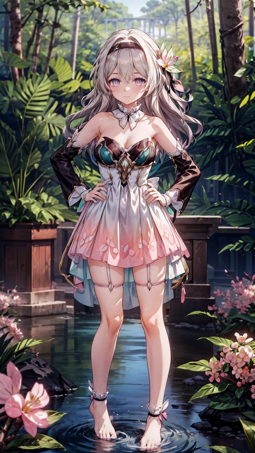 (Pink strapless dress :1.5), silver Long hair, black _ hair band, X-shaped _ eyebrows, hair band, POE _ Hair, bangs, bare shoulders, full body shot, black stockings, (Peach Blossom Forest:1.3),Creek,Bare feet,soaking feet,hand on hip