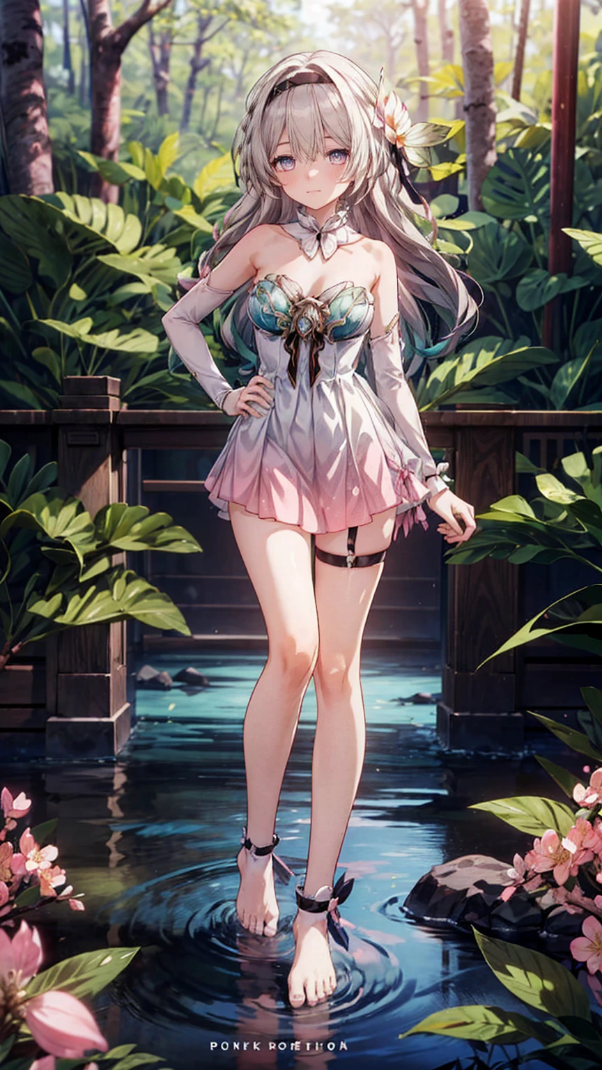 (Pink strapless dress :1.5), silver Long hair, black _ hair band, X-shaped _ eyebrows, hair band, POE _ Hair, bangs, bare shoulders, full body shot, black stockings, (Peach Blossom Forest:1.3)，Creek，Bare feet，soaking feet，hand on hip