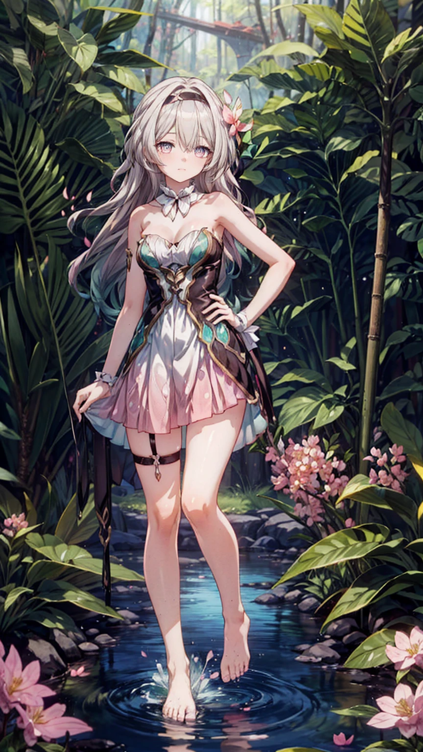 (Pink strapless dress :1.5), silver Long hair, black _ hair band, X-shaped _ eyebrows, hair band, POE _ Hair, bangs, bare shoulders, full body shot, black stockings, (Peach Blossom Forest:1.3)，Creek，Bare feet，soaking feet，hand on hip