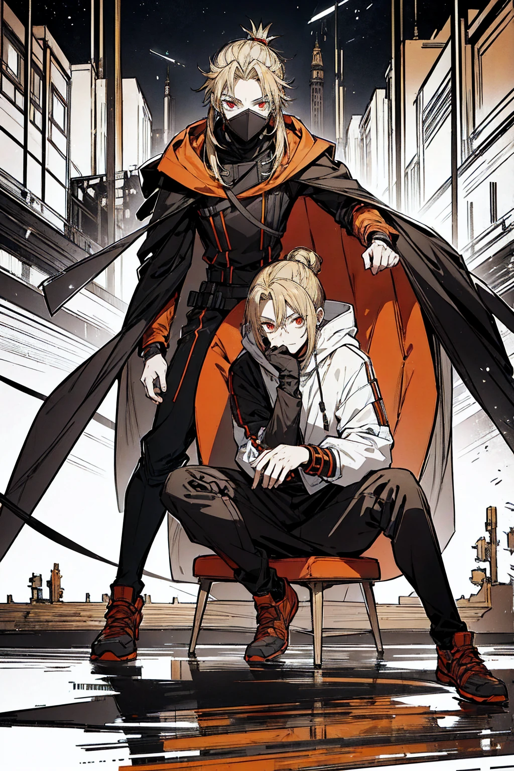 Tall, tannish, male, equipped with battle suit, covered by dark orange cloak, blonde hair in manbun, red eyes, handsome, sitting down calmly in night, hood covering face, alone.