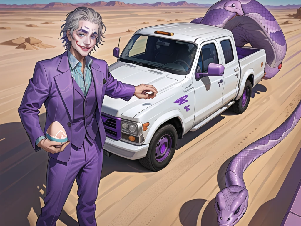 Portrait of a man in his 40s、standing、silver hair、(the joker:1.2)、purple dress , smile , Long body、 、desert background、(holding eggs:1.1) , (purple pickup truck :1.2), (A big snake is behind.:1.2)