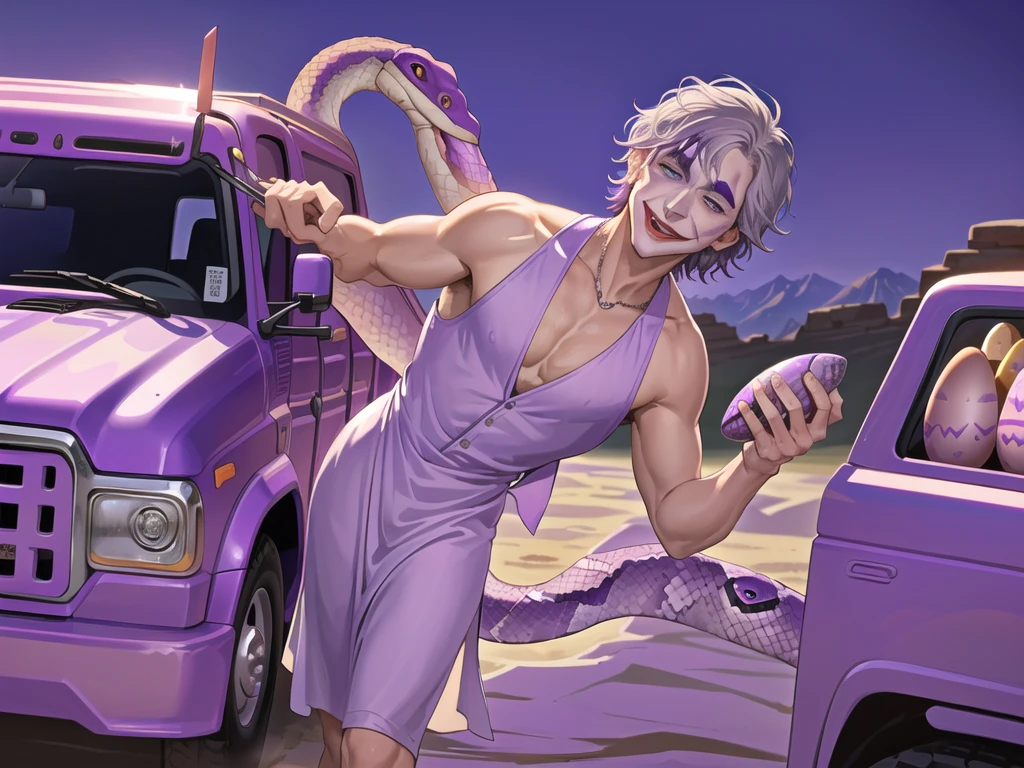 Portrait of a man in his 40s、standing、silver hair、(the joker:1.2)、purple dress , smile , Long body、 、desert background、(holding eggs:1.1) , (purple pickup truck :1.2), (A big snake is behind.:1.2)
