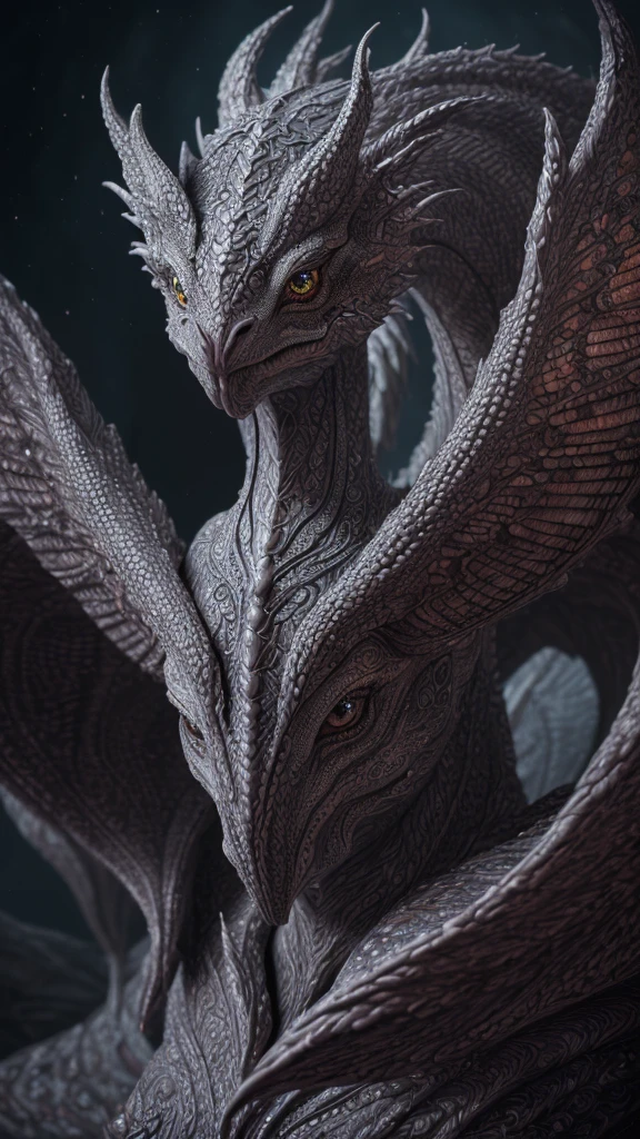 A mythical creature, intricate fantasy creature, highly detailed creature design, fantastical beast, beautiful detailed eyes, beautiful detailed scales, extremely detailed texture, striking colors, ethereal lighting, dramatic composition, cinematic camera angle, digital art, concept art style, vibrant palette, dramatic chiaroscuro, masterpiece, best quality, 8k, highres, photorealistic