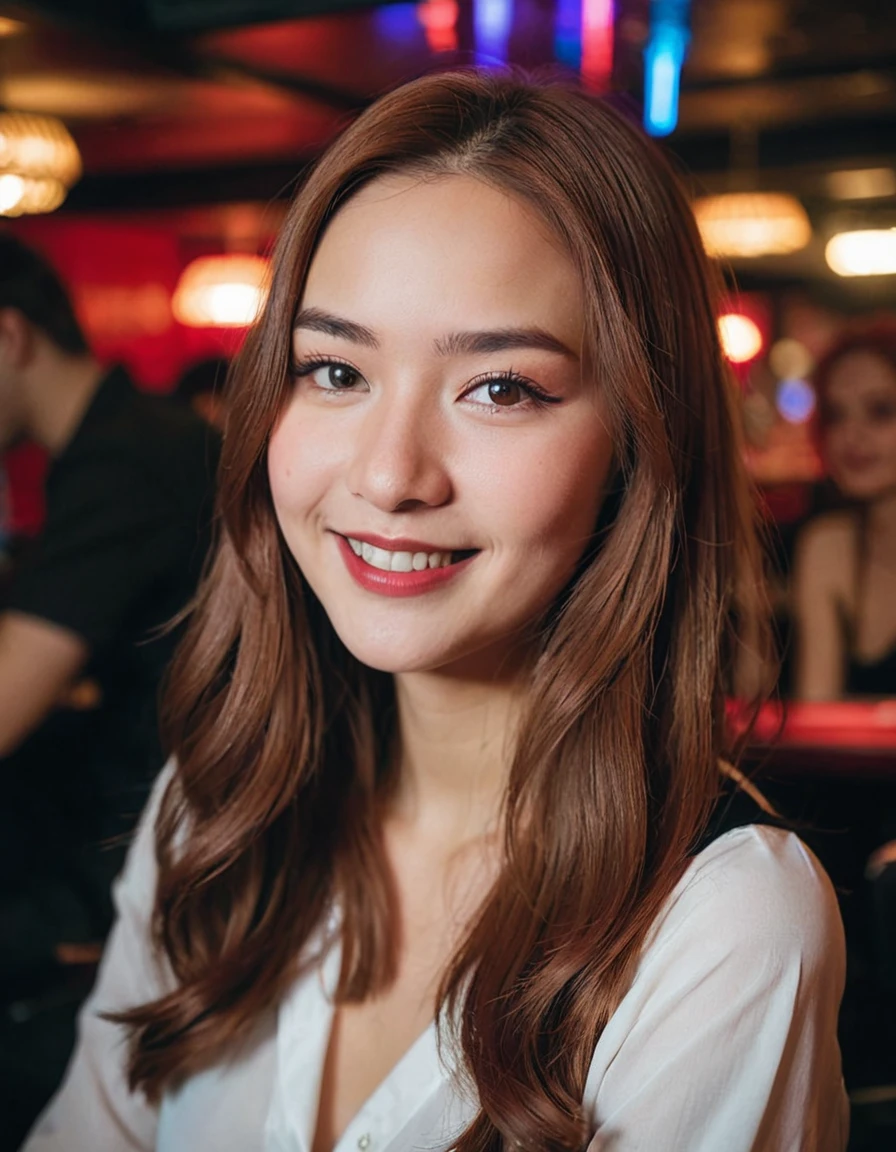 Portrait MagMix Girl looking at the camera, Long Hair, Work in a cabaret club,night,smile