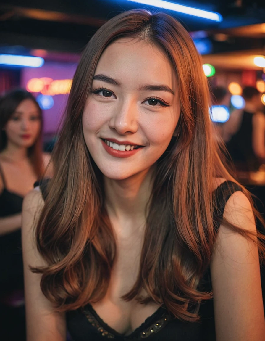 Portrait MagMix Girl looking at the camera, Long Hair, Work in a cabaret club,night,smile