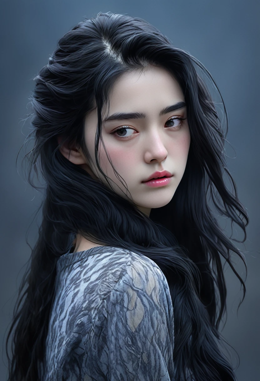 (best quality, hyper-detailed, masterpiece, beautiful image) digital art, 4k, realistic, high , , young adult, black medium hair, cold, melancholic, dark background, half body up, girl