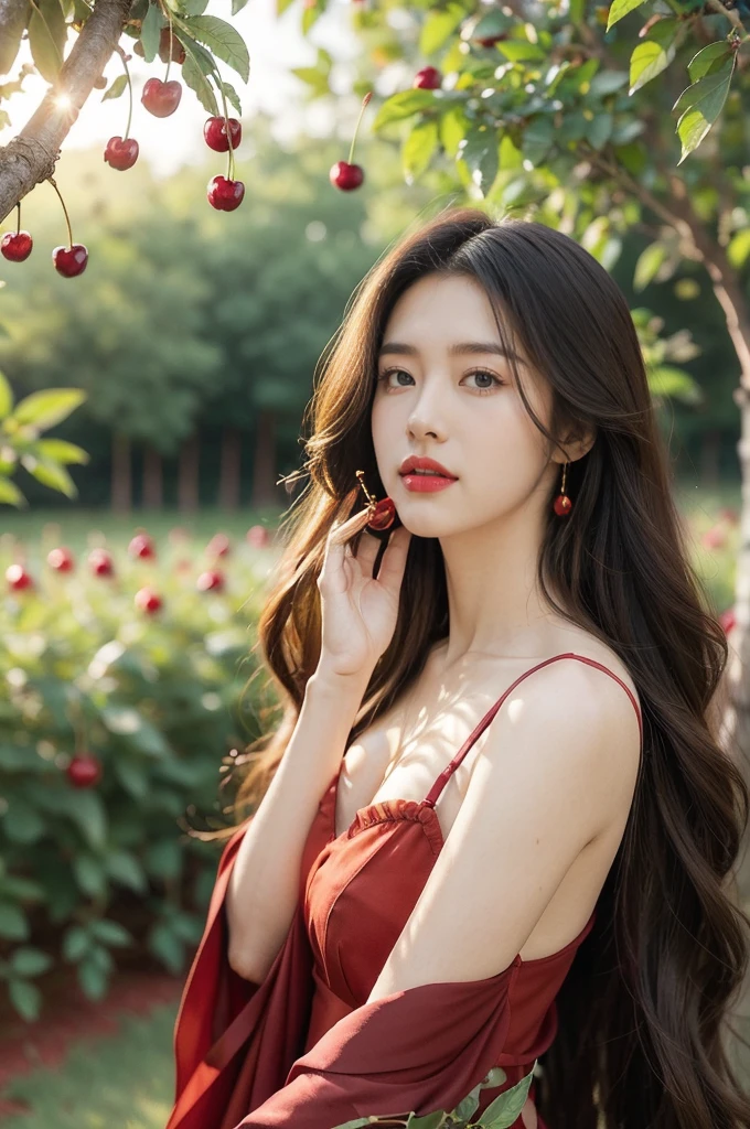 (((best quality))),(((ultra detailed))),(((masterpiece))),illustration,1 beautiful girl,solo,medium straight hair,slim,flat chest,red dress,summer,(cherry orchard full of cherries:1.2),sunlight,dappled light,fair skin,smile,(ripest cherries on the trees:1.3),red lips,chirping birds,soft rustle,peaceful,summer breeze,blush face,hair fluttering,sweet nectar,joy,setting sun,radiant hue,turns,beauty grace,sweetness