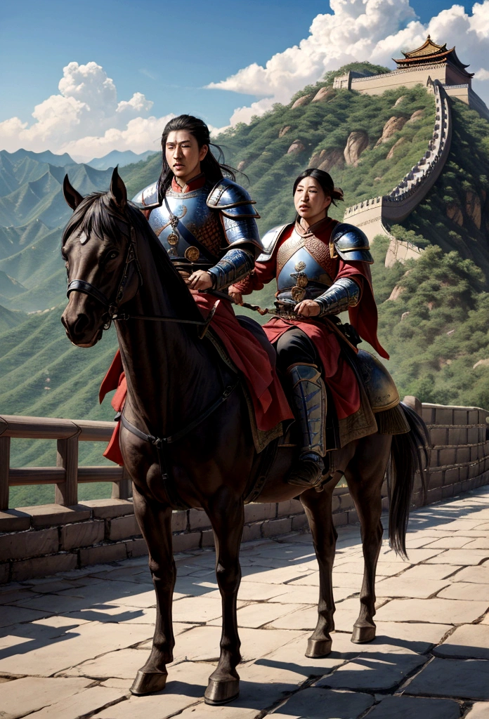 Many men in armor are marching down the street, from Three Kingdoms, Feudal Goguryeoese setting, Feudal Goguryeo, Three Kingdoms, chinese Three Kingdoms, Feudal Era Three Kingdoms, Still in live action movies, in 봉건 Three Kingdoms, scene from live action movie, battlements with soldiers, photo of Genghis Khan, The Great Wall of China, Three Kingdoms 실사 영화