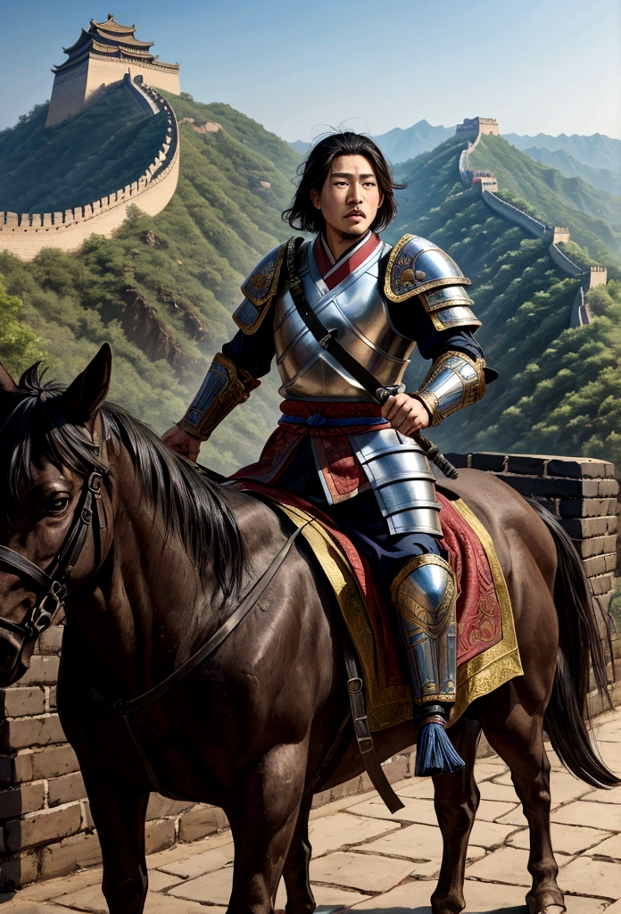 Many men in armor are marching down the street, from Three Kingdoms, Feudal Goguryeoese setting, Feudal Goguryeo, Three Kingdoms, chinese Three Kingdoms, Feudal Era Three Kingdoms, Still in live action movies, in 봉건 Three Kingdoms, scene from live action movie, battlements with soldiers, photo of Genghis Khan, The Great Wall of China, Three Kingdoms 실사 영화