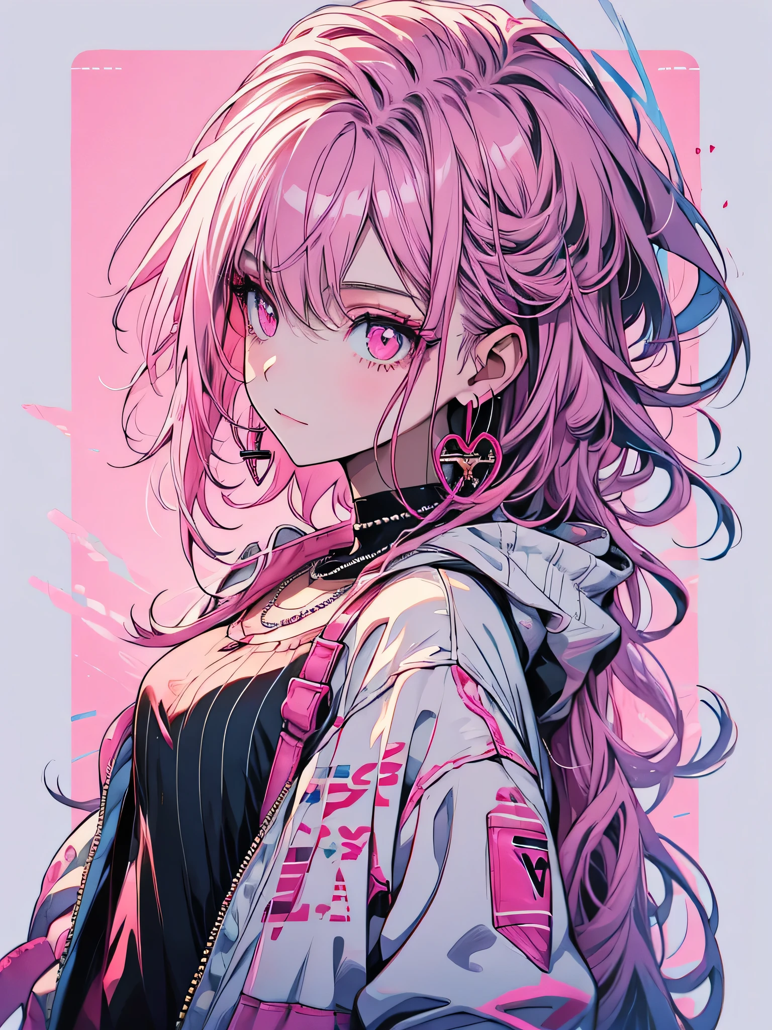 red stream, 1 girl, smile, alone, Long Hair, Looking at the audience, White Background, jewelry, Mouth closed, Jacket, Upper Body, Pink Hair, Earrings, Pink Eyes, necklace, From the side, sweater, eyelash, Compensate, short hair, Earrings, cross, ear Earrings, eye shadow, hoop Earrings, variegated hair, Pink Theme, , pink eye shadow
