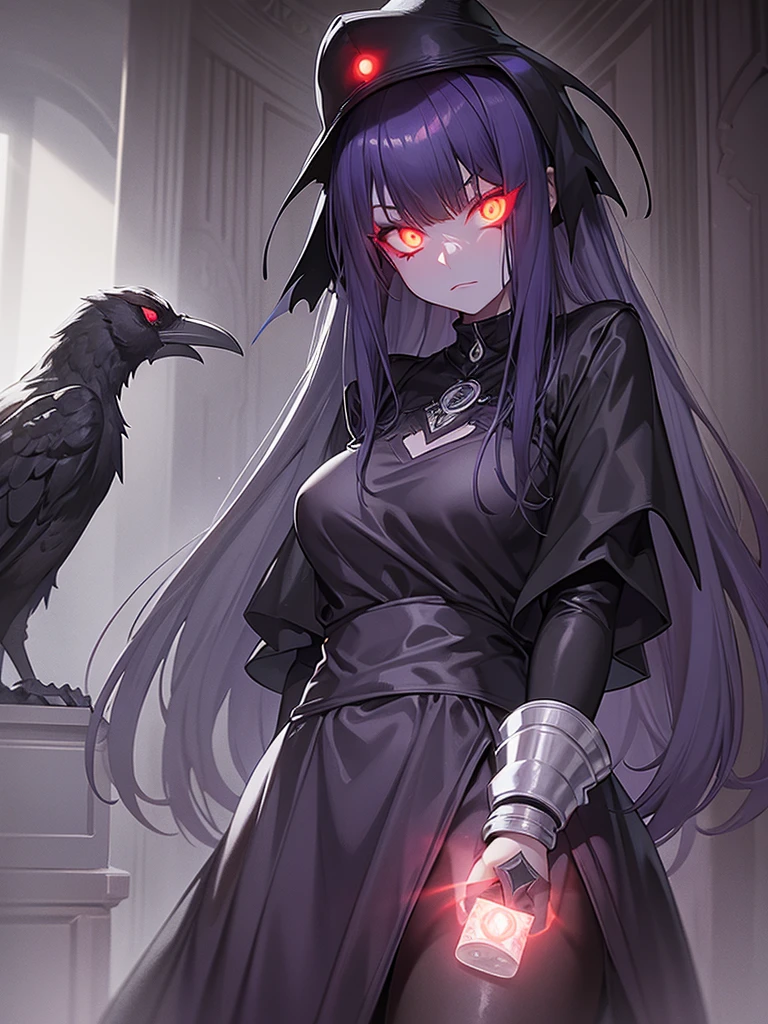 girl, dark, glowing eyes, evil, evil and scary look, raven nearby