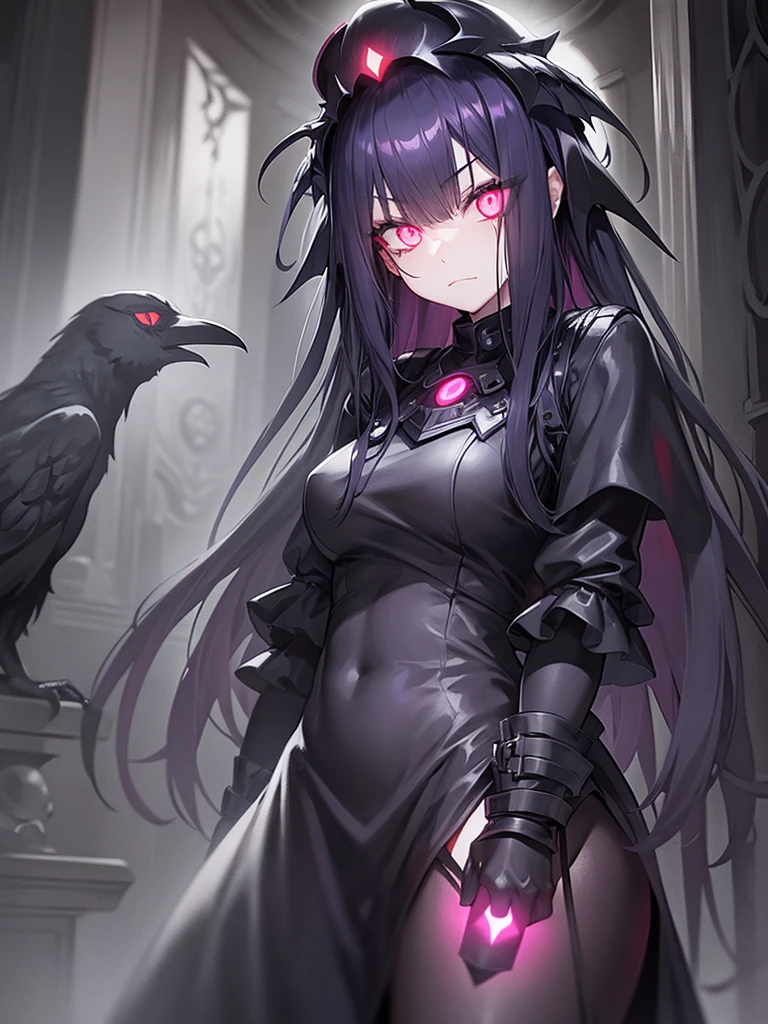 girl, dark, glowing eyes, evil, evil and scary look, raven nearby