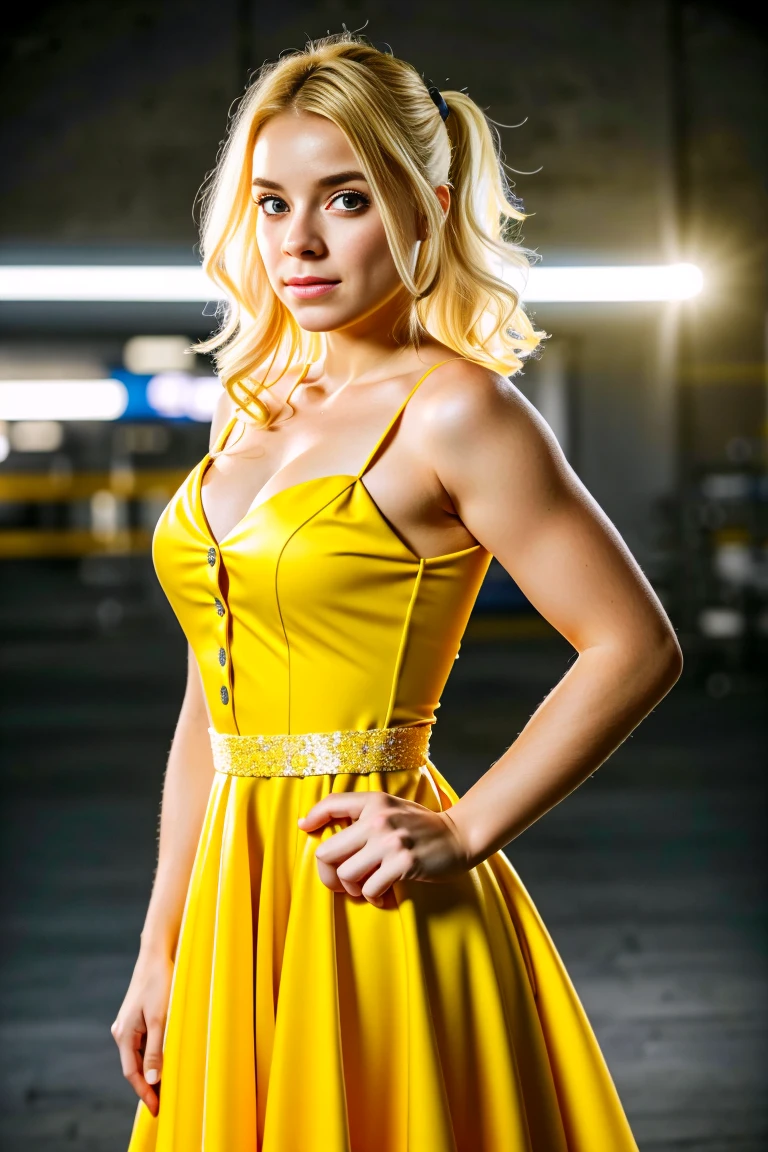 Obra maestra, foto en bruto de 8k muy detallada, best cinematographic quality, surround volumetric lighting and shadows of a beautiful blonde girl in a yellow comic dress with aquamarine eyes, Toma desde el punto de vista, fondo del club nocturno, retrato Harley Quinn look influencer
