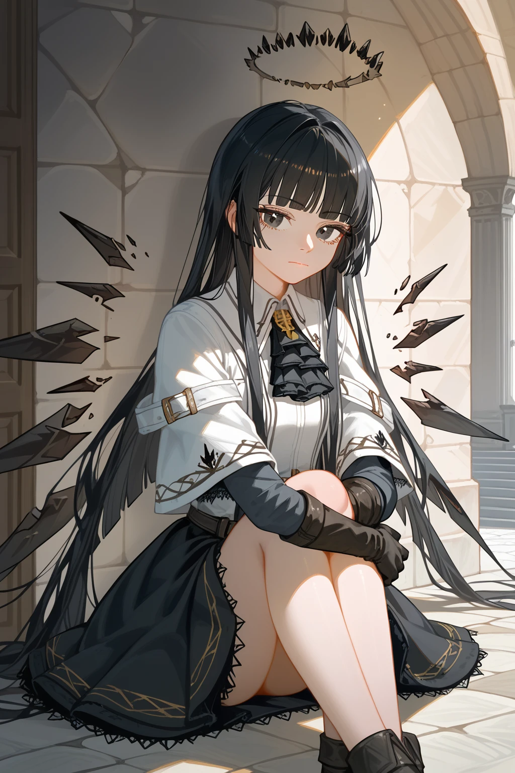 (score_9, score_8_up, score_7_up), 1girl, VirtuosaBase, black eyes, long hair, hime cut, broken halo, black ascot, white shirt, capelet, black sleeves, black gloves, belt, black skirt, energy wings, looking at viewer, small breasts, calm, closed mouth, sitting, hugging own legs, ground level, medieval city hallway, medieval market around, leaning against wall