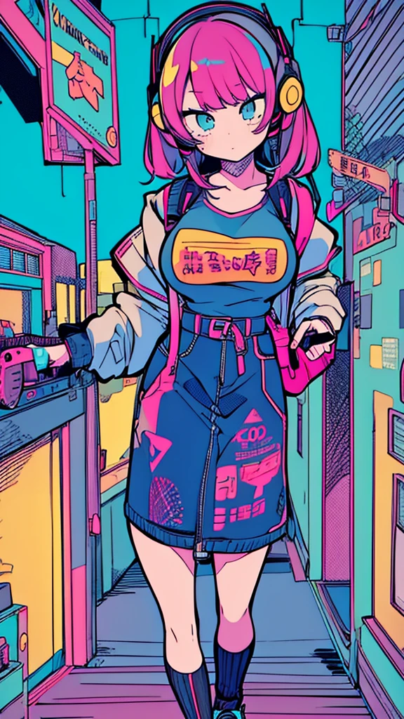 Best quality, (masterpiece:1.2), best detail face,1 girl is walking, big breasts, 18 yo, 8k,absurdres,unity 8k wall paper,(extremely detailed:1.3), highest realistic, (retro headphones:1.1),(psychedelic:1.2),Retro cityscape, 1girl in, retro artstyle, neon art style_Pop, public, outside of house, street signs, loose clothing, 18 yo,Lots of signs with kanji written on them, ((retro city　mood))