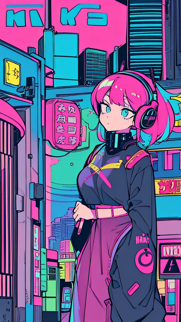 Best quality, (masterpiece:1.2), best detail face,1 girl is walking, big breasts, 18 yo, 8k,absurdres,unity 8k wall paper,(extremely detailed:1.3), highest realistic, (retro headphones:1.1),(psychedelic:1.2),Retro cityscape, 1girl in, retro artstyle, neon art style_Pop, public, outside of house, street signs, loose clothing, 18 yo,Lots of signs with kanji written on them, ((retro city　mood))