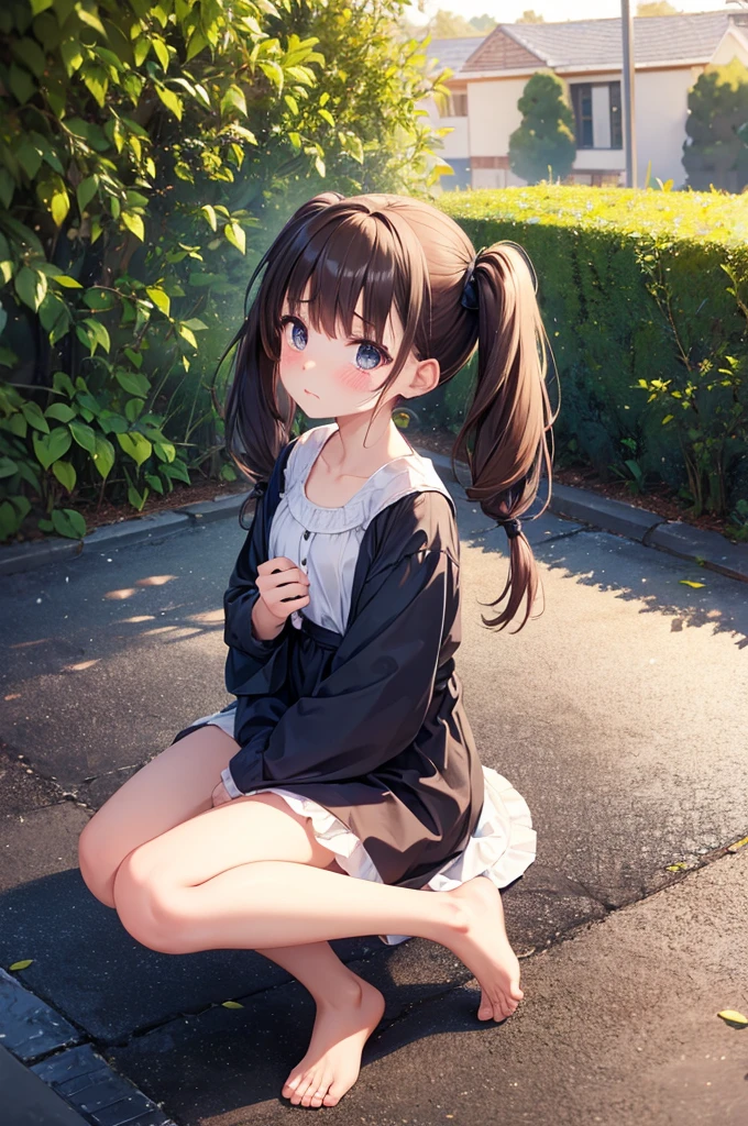 ((4K,masterpiece,Highest quality)),, A girl dressed modestly, alone, Weeping face,barefoot,Twin tails,kids