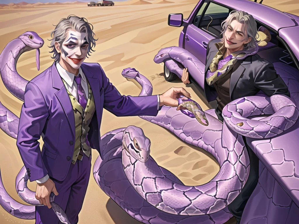 Portrait of a man in his 40s、standing、silver hair、(the joker:1.2)、purple dress , smile , Long body、 、desert background、(holding eggs:1.1) , (purple pickup truck ), (A big snake is behind.:1.5)