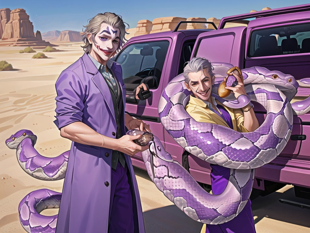 Portrait of a man in his 40s、standing、silver hair、(the joker:1.2)、purple dress , smile , Long body、 、desert background、(holding eggs:1.1) , (purple pickup truck ), (A big snake is behind.:1.5)