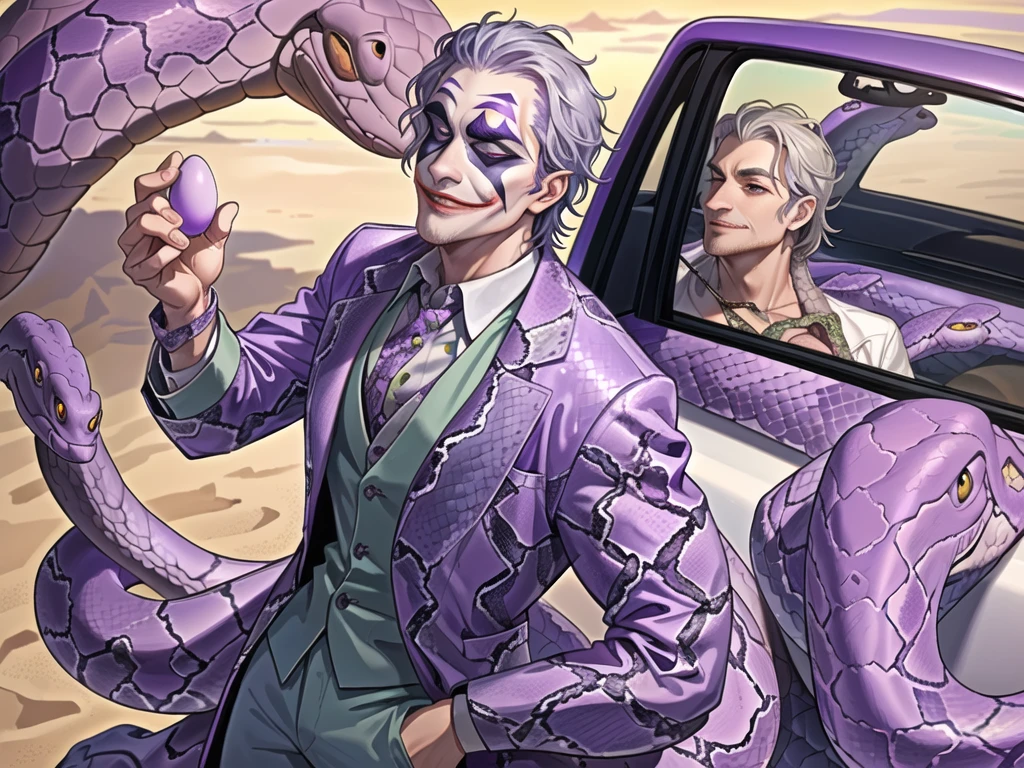 Portrait of a man in his 40s、standing、silver hair、(the joker:1.2)、purple dress , smile , Long body、 、desert background、(holding eggs:1.1) , (purple pickup truck ), (A big snake is behind.:1.5)