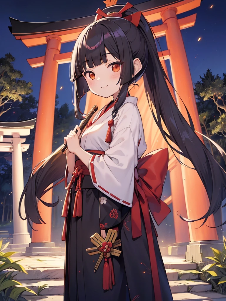 masutepiece, ultra-detailliert, best quality, at night, little smile, a lot of fireflies, Shrine maiden, shrine, Deep forest, Stone torii gate, Black Hair, long hair, (Blunt Bangs:1.6), Hair tied in a ponytail,