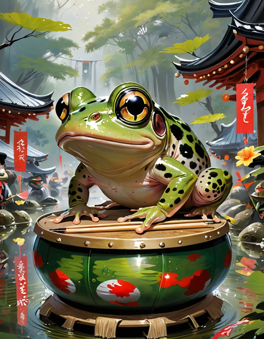 amphibians、Fantasy animal, Different species, Frog Base, Big eyes, Very sticky、Japanese Festivals、Japanese drum、