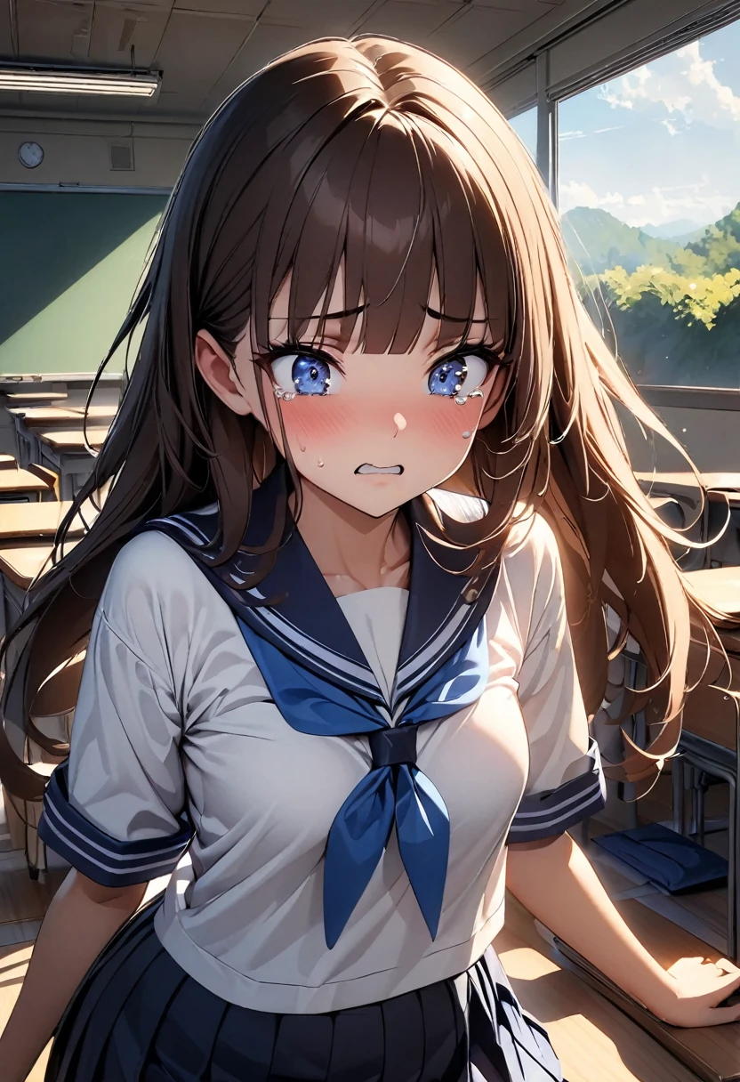 (high quality, 8k, 4K, High Contrast, masterpiece:1.2, 最high quality, Best aesthetics), 1 female, ((Beautiful and cute woman,Beautiful and exquisite face and eyes,Gorgeous eyes)),The perfect 18 year old, Japanese、Brown Hair、Straight hair,Long Hair,Blunt bangs,Frightened expression、tears,Oily skin,Small breasts,、Sailor suit、Blue neckerchief、Pleated mini skirt、classroom、Japanese School、(Exquisitely drawn environments),(Textures and environments、Professional photos、Perfect lighting).