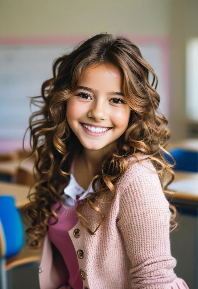 A beautiful young student girl smiling, wide grin, long brown curls, light brown eyes, white skirt, pink cardigan, in a classroom