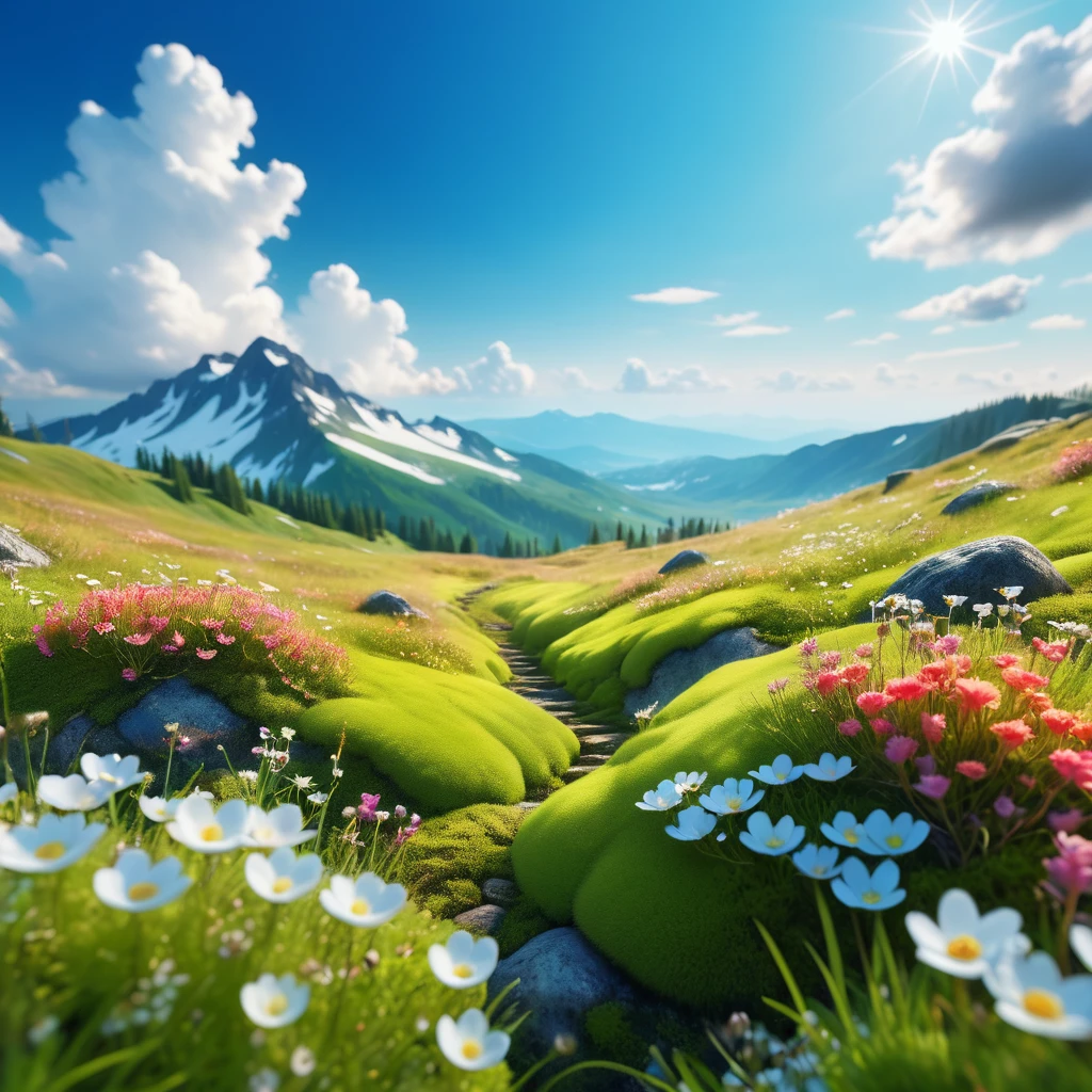 (masterpiece:1.2),best quality,high resolution,Extremely detailed CG,Perfect lighting,8k wallpaper,E-commerce photography,close up,Bokeh,On a meadow,blue_Sky,White Cloud,Flowers,moss,beautiful scenery,Like a dream,Bright colors,caodi,landscape,