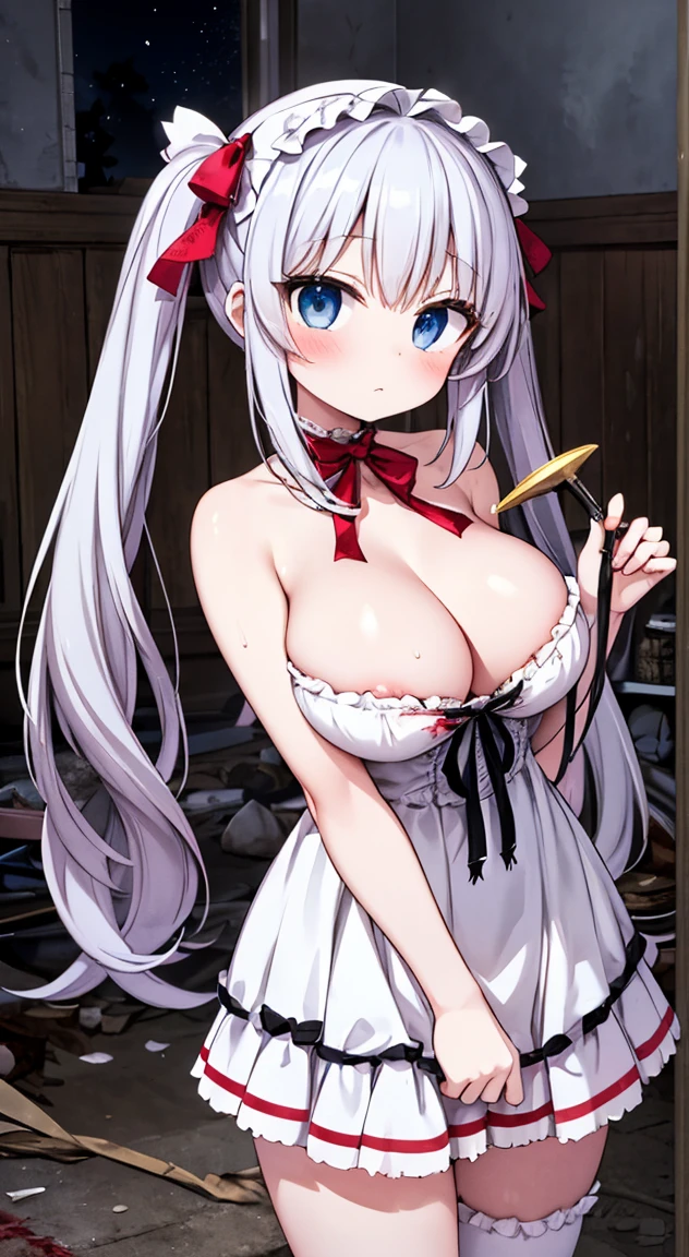 masterpiece, highest quality, (anime screencap:1.3),(shape), cute,(simple:1), (anime:1.2),Solo Sharp Focus, 1 girl, cleavage,looking at the viewer, Japan,nighttime,gold hair,((mini skirt)),Are standing, twin tails,summer ,((White Gothic Costume)),red ribbon,in the dark gothic,abandoned house,ta fashion,gothic bonnet,hair ribbon,cowboy shot,in the nighttime,rainy sky,,(Ruins house1.1),(Abandoned house1.1),large breasts,dark,cloudy,cutthroat,(Holding a bloody knife1.1),(bathe in blood gothic costume1.1),NSFW,