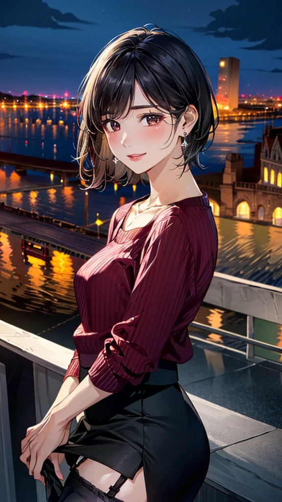 (masterpiece:1.3, Highest quality, Ultra-high resolution, Super detailed), (Realistic, photoRealistic:1.4), Beautiful illustrations, Perfect lighting, colorful, Depth of written boundary, Beautiful detailed hair, Beautifully detailed face, Beautiful fine details, Beautiful clavicle, Beautiful body, 美しいLarge Breasts, Beautiful thighs, Beautiful feet, Beautiful fingers, View Viewer、Front view:0.6, Beauty1人, Japanese, Beauty、30 years old, Perfect Face, (Perfect Anatomy, Anatomically correct), Cute and symmetrical face, Baby Face, , Shiny skin, ((Bordeaux sweater:1.4)), ((Garter skirt 1.5))、 (Black Hair, Short Hair:1.4), Dark brown eyes, Large Breasts, Slim body, necklace, (Small earrings:1.3), (Beautiful views), (night), (city, cityscape in the distance), Are standing, A soft smile、(Smile, Lips parted),