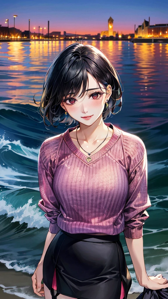(masterpiece:1.3, Highest quality, Ultra-high resolution, Super detailed), (Realistic, photoRealistic:1.4), Beautiful illustrations, Perfect lighting, colorful, Depth of written boundary, Beautiful detailed hair, Beautifully detailed face, Beautiful fine details, Beautiful clavicle, Beautiful body, 美しいLarge Breasts, Beautiful thighs, Beautiful feet, Beautiful fingers, View Viewer、Front view:0.6, Beauty1人, Japanese, Beauty、30 years old, Perfect Face, (Perfect Anatomy, Anatomically correct), Cute and symmetrical face, Baby Face, , Shiny skin, ((Bordeaux sweater:1.4)), ((Garter skirt:1.5))、 (Black Hair, Wave、Short Hair:1.4), Dark brown eyes, Large Breasts, Slim body, necklace, (Small earrings:1.3), (Beautiful views), (night), (city, cityscape in the distance), Are standing, A soft smile、(Smile, Lips parted),