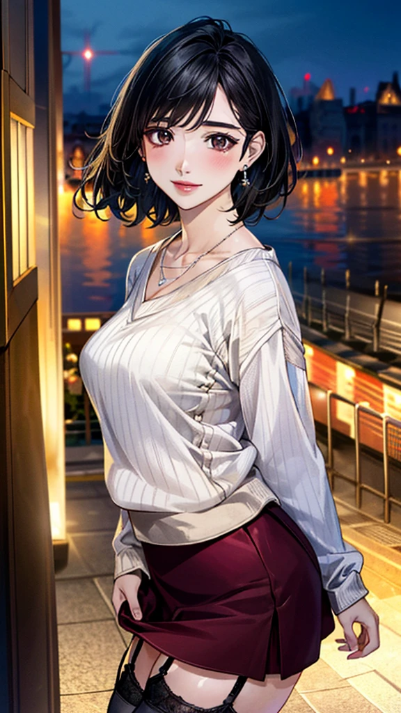 (masterpiece:1.3, Highest quality, Ultra-high resolution, Super detailed), (Realistic, photoRealistic:1.4), Beautiful illustrations, Perfect lighting, colorful, Depth of written boundary, Beautiful detailed hair, Beautifully detailed face, Beautiful fine details, Beautiful clavicle, Beautiful body, 美しいLarge Breasts, Beautiful thighs, Beautiful feet, Beautiful fingers, View Viewer、Front view:0.6, Beauty1人, Japanese, Beauty、30 years old, Perfect Face, (Perfect Anatomy, Anatomically correct), Cute and symmetrical face, Baby Face, , Shiny skin, ((Bordeaux sweater:1.4)), ((Garter skirt:1.5))、 (Black Hair, Wave、Short Hair:1.4), Dark brown eyes, Large Breasts, Slim body, necklace, (Small earrings:1.3), (Beautiful views), (night), (city, cityscape in the distance), Are standing, A soft smile、(Smile, Lips parted),