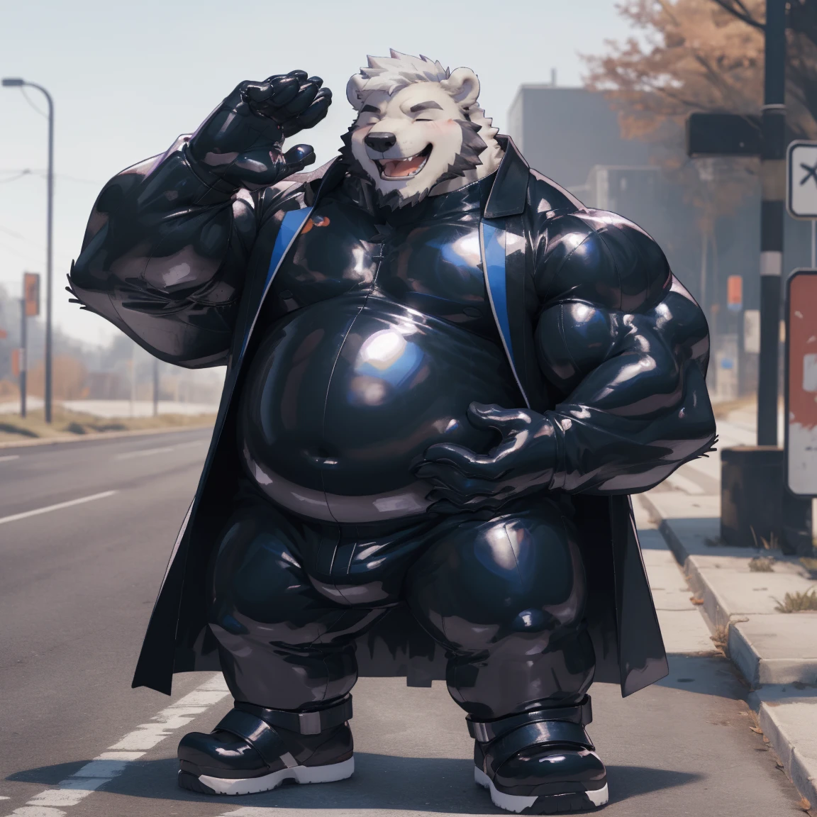 masterpiece, best quality, 8k resolution, Very detailed, hairy,(((polar bear)),(((Mature))),(((beard))),(((Strong))),(((White hair all over body))),portrait,(((White hair))),(((Roadside))),(((Left hand on waist))),For the audience,(((Purple gel coat))),(((Tight rubber suit))),Highest quality scene,Solitary,solitary,(((whole body))),(((With eyes closed))),(((Right hand salute))),(((Standing with legs apart))),(((Laughing))),((Fat-enclosed muscle)),(((Round face))),(((alone))),(((Strong body))),(((Hip bulge))),(((huge)))