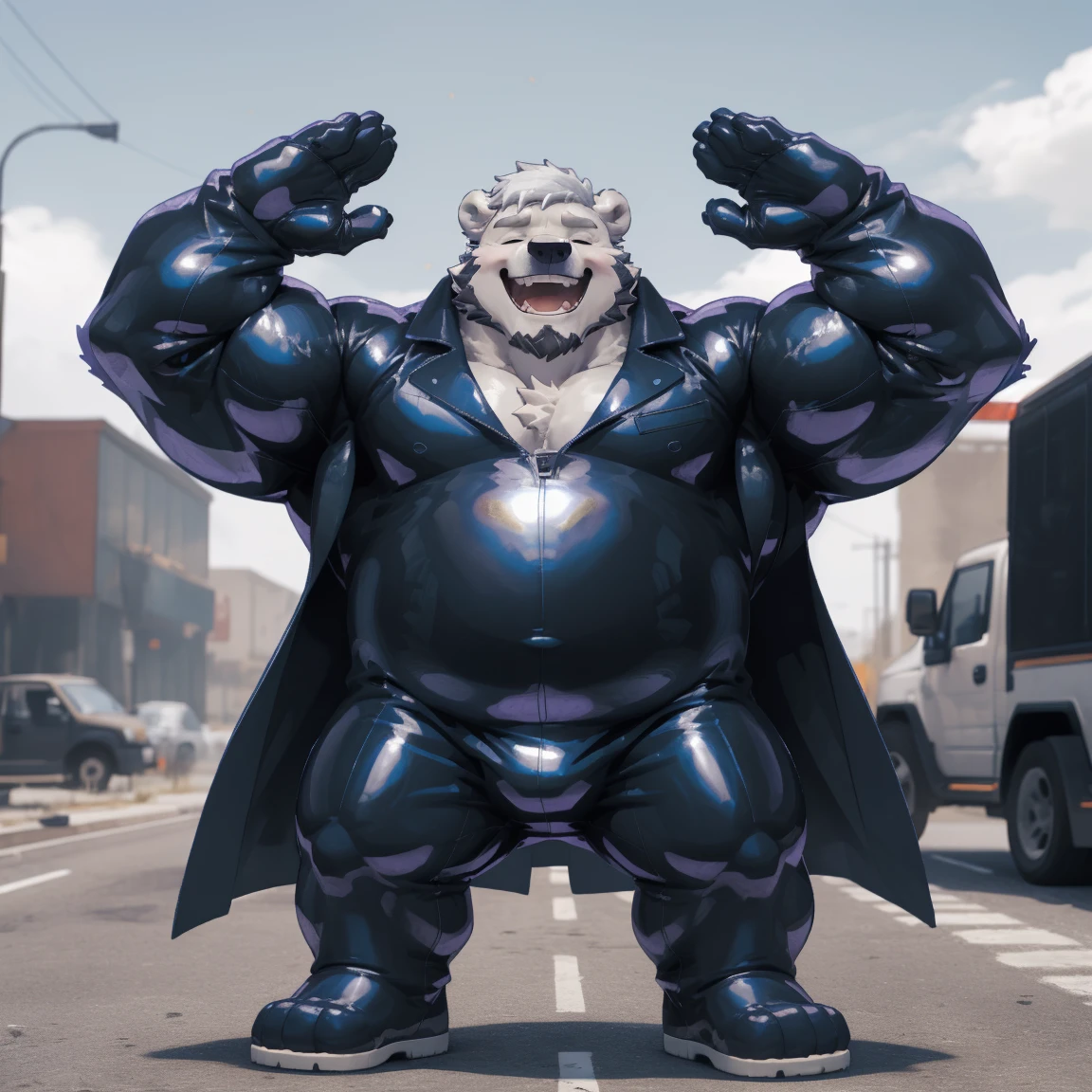 masterpiece, best quality, 8k resolution, Very detailed, hairy,(((polar bear)),(((Mature))),(((beard))),(((Strong))),(((White hair all over body))),portrait,(((White hair))),(((Roadside))),(((Left hand on waist))),For the audience,(((Purple gel coat))),(((Tight rubber suit))),Highest quality scene,Solitary,solitary,(((whole body))),(((With eyes closed))),(((Right hand salute))),(((Standing with legs apart))),(((Laughing))),((Fat-enclosed muscle)),(((Round face))),(((alone))),(((Strong body))),(((Hip bulge))),(((huge)))