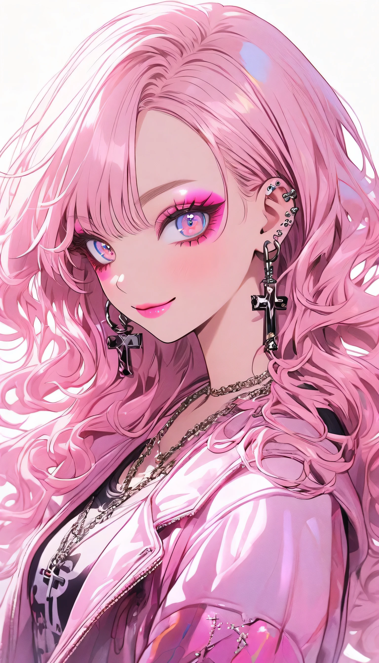 Niji Style, 1girl, kawaii, smile, long hair, looking at viewer, blue eyeackground, white background, jewelry, closed mouth, jacket, upper body, pink hair, earrings, pink eyes, necklace, from front, sweater, lips, eyelashes, makeup, wavy hair, piercing, cross, lipstick, ear piercing, eyeshadow, hoop earrings, pink lips, multicolored eyes, pink theme, pink eyeshadow,