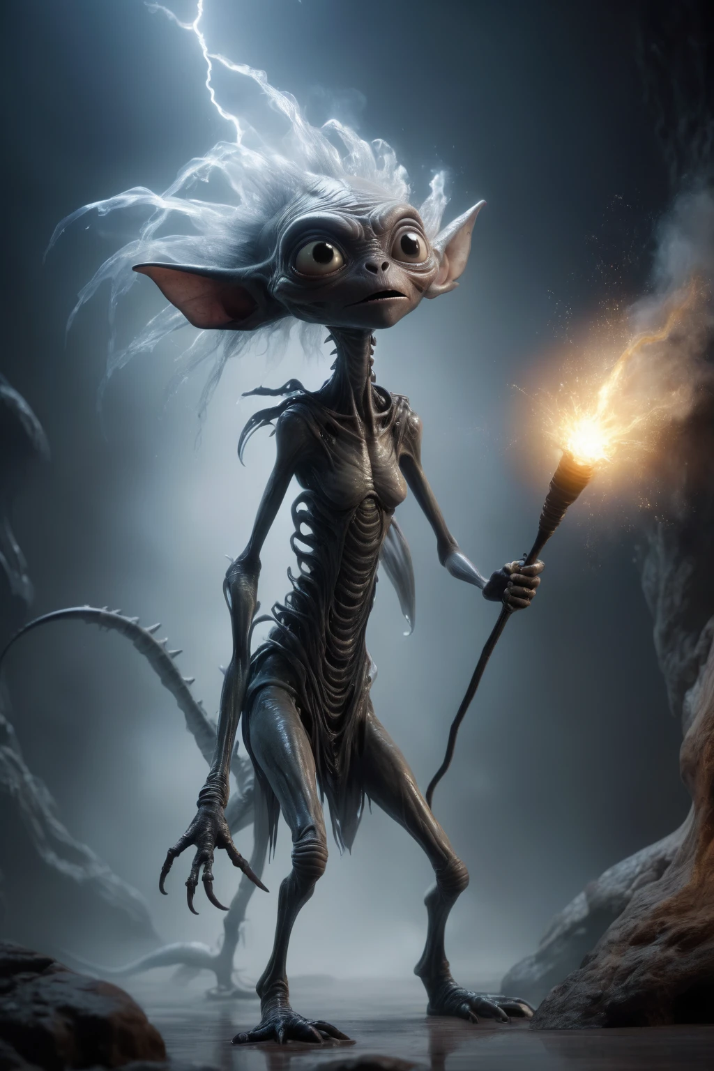 full body length,niobium goblin,native africa xenomorph,once pretty face,eyebrow up,full body shot,ominous landscape,niobium gray atmosphere,photo,photorealism,Masterpiece,natural skin textures, hyper realism,hyper detailed,High contrast,Realism,Ultra Detailed,irina yermolova,close full body shot,32K resolution,Nikon Z9, ,demonic, dust, smoke, audience, mist, featuring ultra-realistic and hyper-realistic elements, Marta Bevacqua, Ellen Jewett, Kawacy, Katsuya Terada, Carne Griffiths, light stroke, light beam, explosive lightning, sparks, concert lighting, luminal space that feels both bright and surreal. Includes liquid fluid elements for added depth and movement. Rendered in an unreal engine and post-processed to achieve . Evokes a sense of dreamy, ethereal and mystical mood,pixar movie still, pixar movie screenshot, frame from pixar movie, animated movie still, still from the pixar movie, still from a pixar movie, disney pixar movie still, pixar movie scene, still from pixar movie, still from a 2001 pixar movie, pixar render, animated film still
