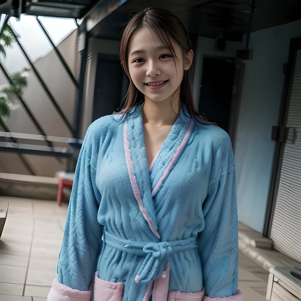 raw photo , 8K, ultra detailed, (realistic:1.2), (1girl:1.3), 20yo, japanese, (round face),(blue bathrobe:1.4), (smile, blush:1.3), (looking at viewer:1.3), standing, thigh, reinopool,