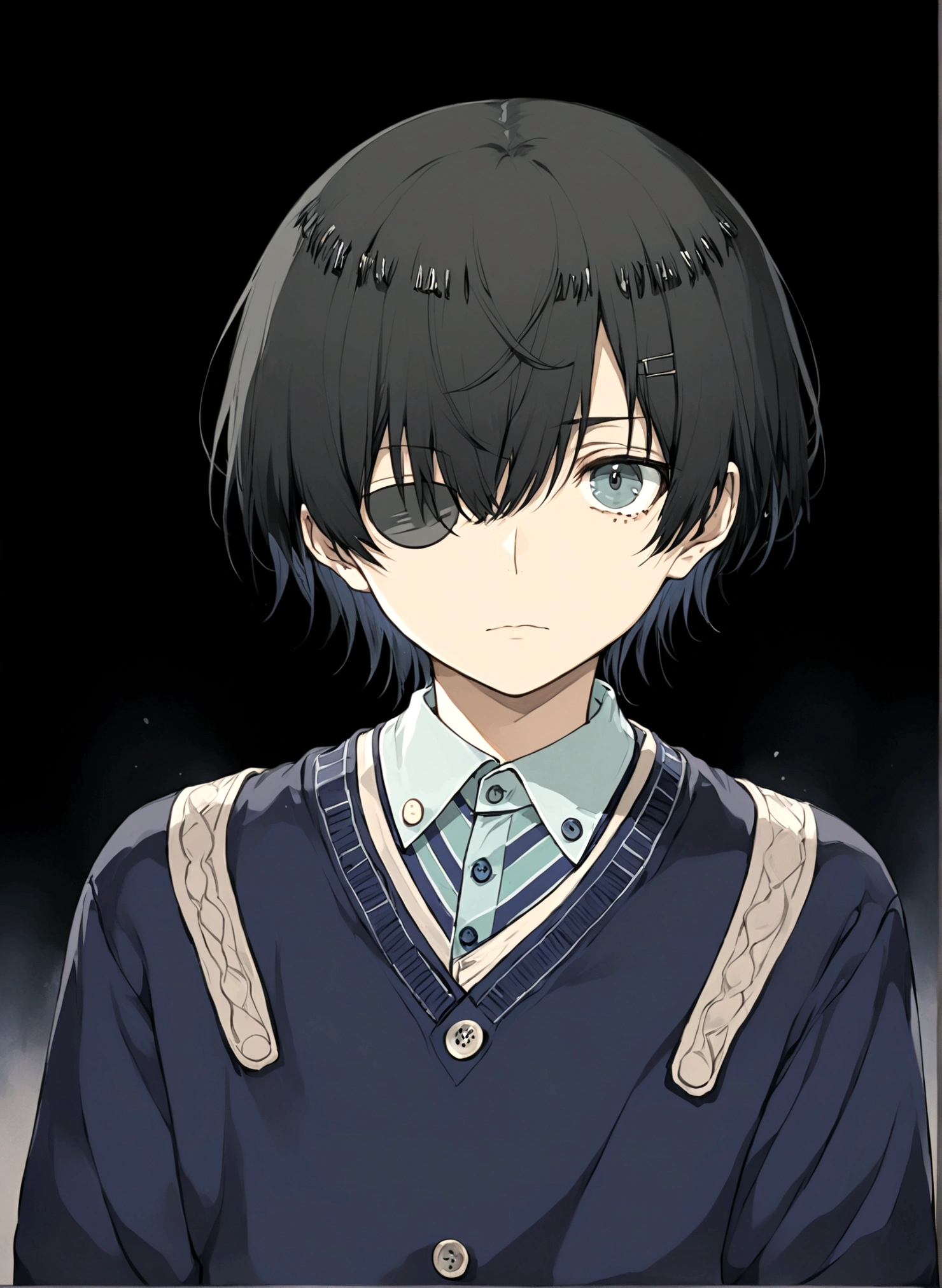 1boy，Black hair，One-eyed patch，shirt，Buttons，sweater，For the audience，Male focus，solo，Upper body