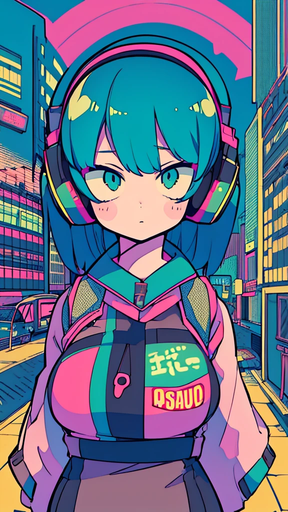 Best quality, (masterpiece:1.2), best detail face,1 girl is walking, big breasts, 18 yo, 8k,absurdres,unity 8k wall paper,(extremely detailed:1.3), highest realistic, (retro headphones:1.1),(psychedelic:1.2),Retro cityscape, 1girl in, retro artstyle, neon art style_Pop, public, outside of house, street signs, loose clothing, 18 yo,Lots of signs with kanji written on them, ((retro city　mood)), dark green pallet