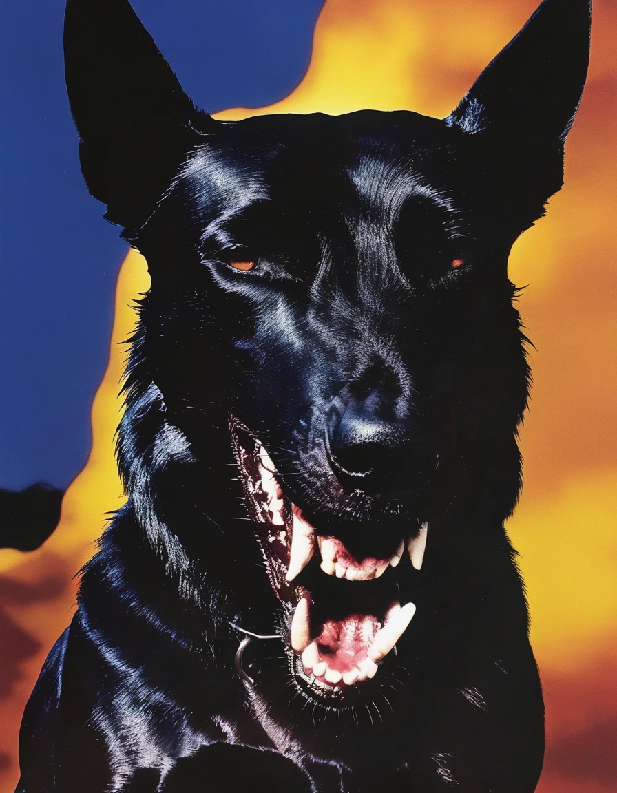 black dog with giant teeths all over head, sunshine background