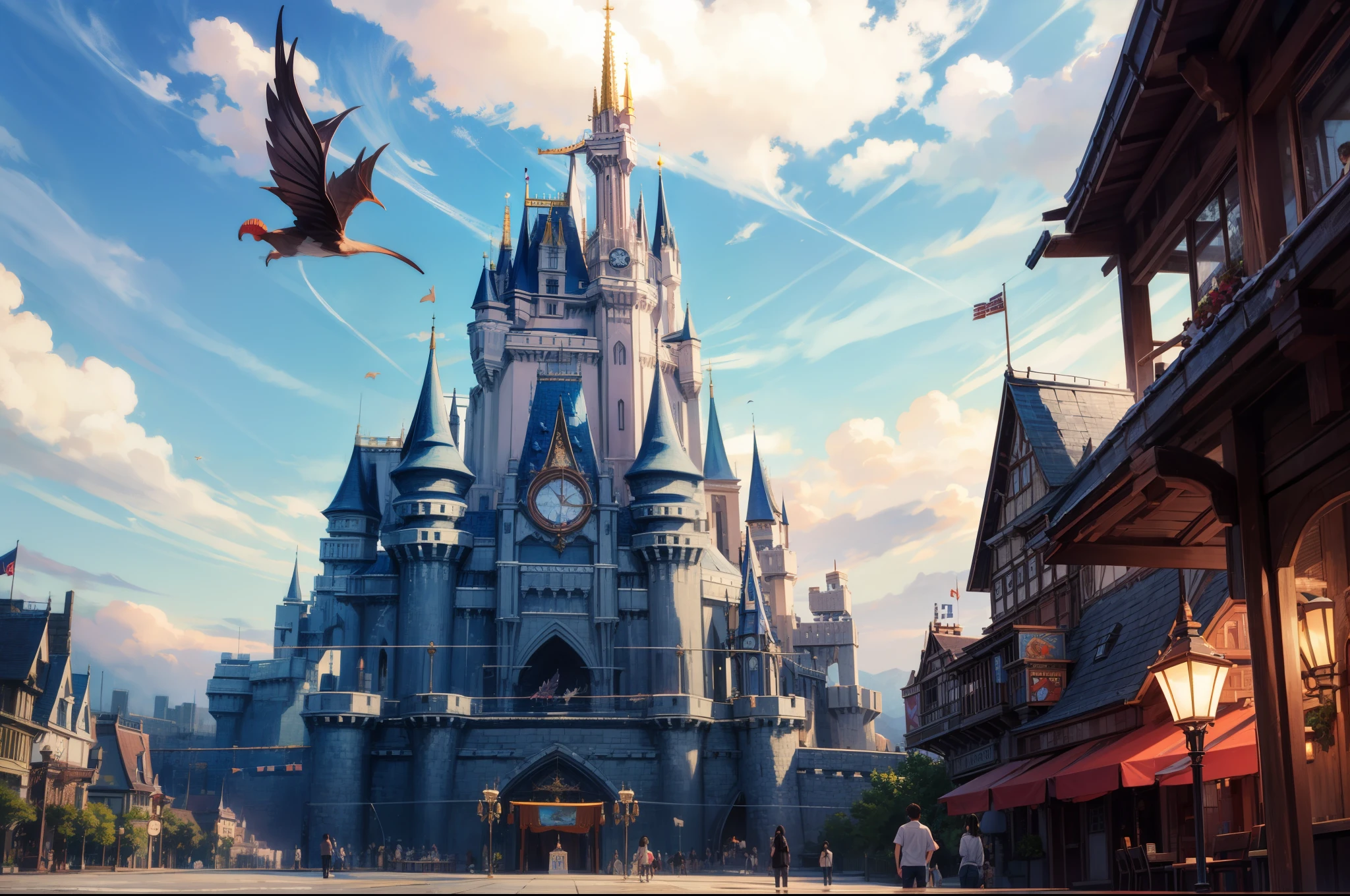 Magic Kingdom、Floating buildingagical creatures flying in the sky、